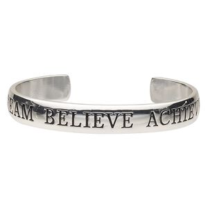 Bracelet, cuff, silver-plated brass, 11mm wide with "DREAM BELIEVE ACHIEVE," 7 inches. Sold individually.