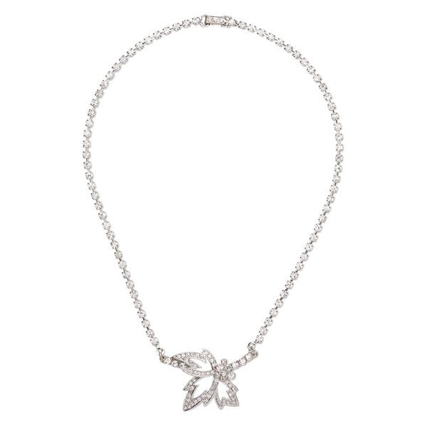 Necklace, silver-finished brass and glass, clear, 44x29mm leaf with cupchain and fold-over clasp, 15 inches. Sold individually. image number 0