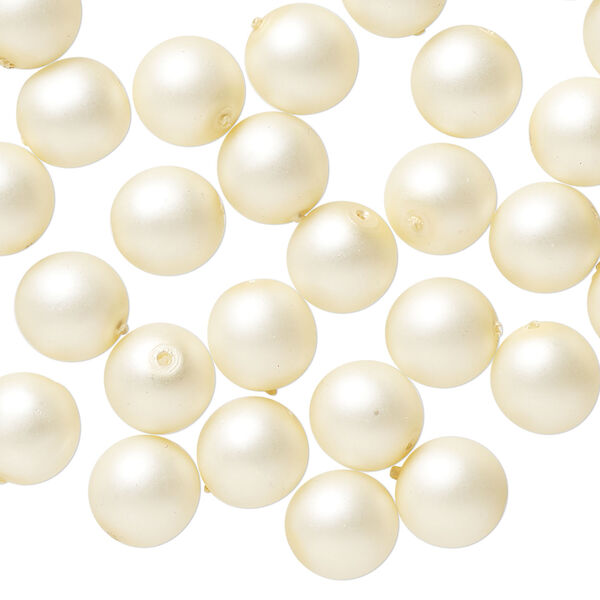 Bead, Czech pearl-coated glass druk 1pkg50, opaque matte cream, 8mm round. image number 0