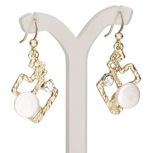 Earring, resin / glass rhinestone / gold-finished brass / "pewter" (zinc-based alloy), clear and white, 1-3/4 inches with matte freeform and fishhook ear wire. Sold per pair.