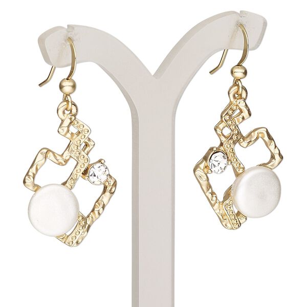 Earring, resin / glass rhinestone / gold-finished brass / "pewter" (zinc-based alloy), clear and white, 1-3/4 inches with matte freeform and fishhook ear wire. Sold per pair. image number 0