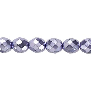 Bead, Czech fire-polished glass, lilac carmen, 8mm faceted round. Sold per 15-1/2" to 16" strand.