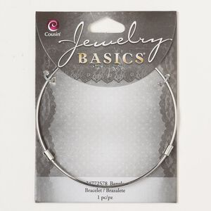 Component, bangle bracelet, silver-finished steel, 2.5mm wide, adjustable up to 8 inches. Sold individually.