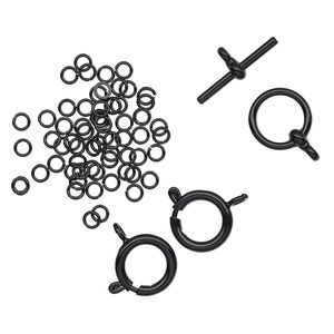 Jump ring and clasp, black-finished "pewter" (zinc-based alloy), 3.5mm 22-gauge round / 12mm round toggle / 12mm springring. Sold per pkg of 63.