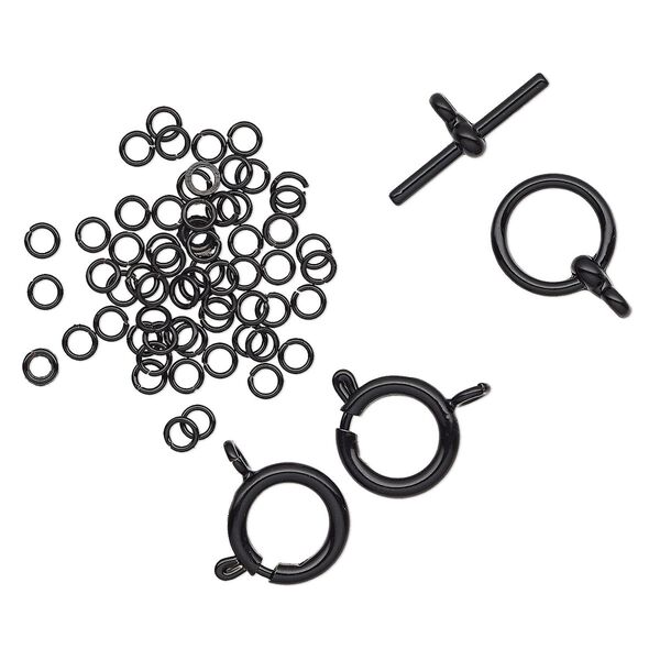 Jump ring and clasp, black-finished "pewter" (zinc-based alloy), 3.5mm 22-gauge round / 12mm round toggle / 12mm springring. Sold per pkg of 63. image number 0