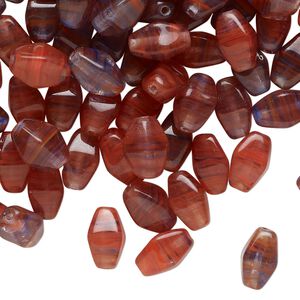 Bead, pressed glass, translucent clear / orange / purple, 9x6mm double cone. Sold per 2-ounce pkg, approximately 150 beads.