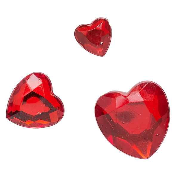 Flat back mix, acrylic, red, 8x8mm-16x16mm faceted heart. Sold per pkg of 50. image number 1