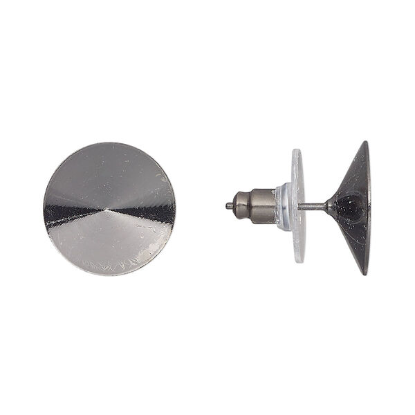 Earstud, Almost Instant Jewelry®, brass, pkg/5 Pairs, 14.5mm glue-in round with comfort clutch, gunmetal finish. image number 0