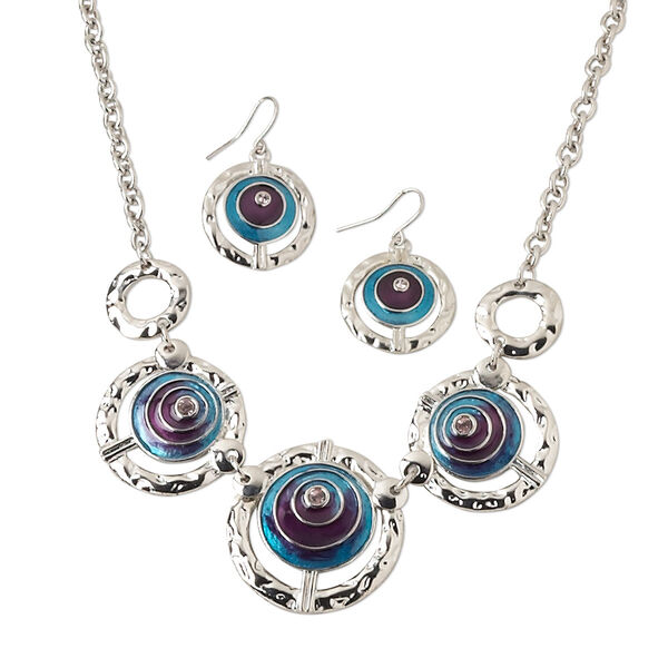 Necklace and earring set, silver-finished "pewter" and brass / glass rhinestone / enamel, teal / purple / pink, 17-34mm graduated textured round with cutout design, 18-inch necklace with lobster claw clasp and 1-3/8 inch earring with fishhook ear wire. Sold per set. image number 0
