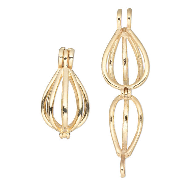 Drop, gold-finished brass, 15x10.5mm teardrop bead cage. Sold individually. image number 0
