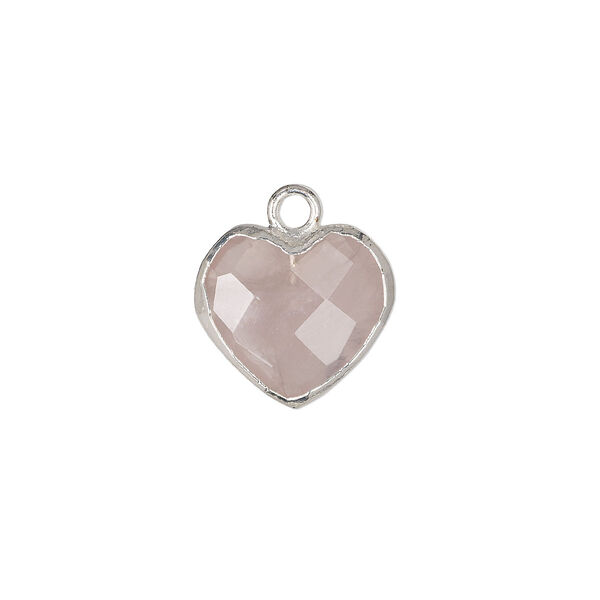 Drop, rose quartz (natural) / sterling silver / silver-plated copper, 13mmx12mm hand-cut faceted puffed heart. Sold individually. image number 0