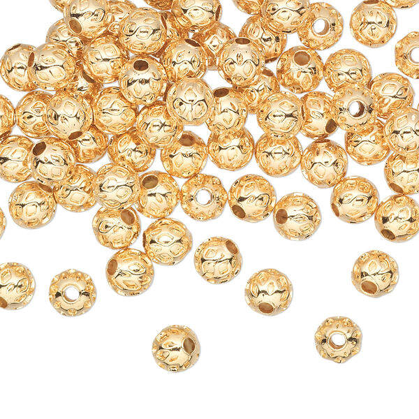 Bead, gold-plated brass, 5mm weave round. Sold per pkg of 100. image number 0