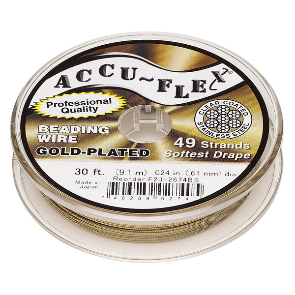 Beading wire, Accu-Flex®, nylon and 24Kt gold-plated stainless steel, clear, 49 strand, 0.024-inch diameter. Sold per 30-foot spool. image number 0