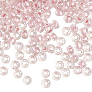 Seed bead, Miyuki, glass, pkg/25g, #6 rocaille, translucent pink-lined pearlized crystal clear, (RR-4607).