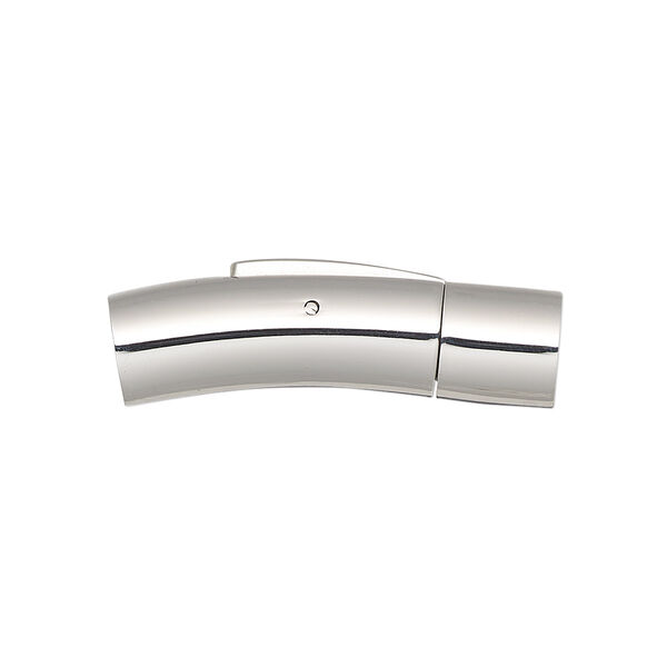 Clasp, bullet, stainless steel, 30x9mm curved round tube with push button and glue-in ends, 6mm inside diameter. Sold individually. image number 0
