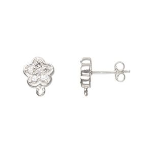 Earring 1pkg2 sterling silver / cubic zirconia, 11x9mm flower / open loop, 1 pair