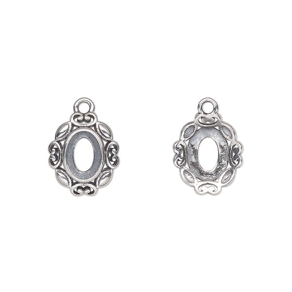 Drop, antiqued sterling silver, 12.5x10.5mm overall with 7x5mm oval setting and open back. Sold individually. image number 0
