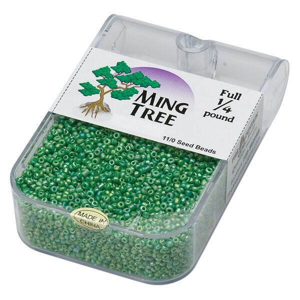 Seed bead, Ming Tree™, glass, pkg/1/4 pound, #11 round, opaque rainbow green. image number 0