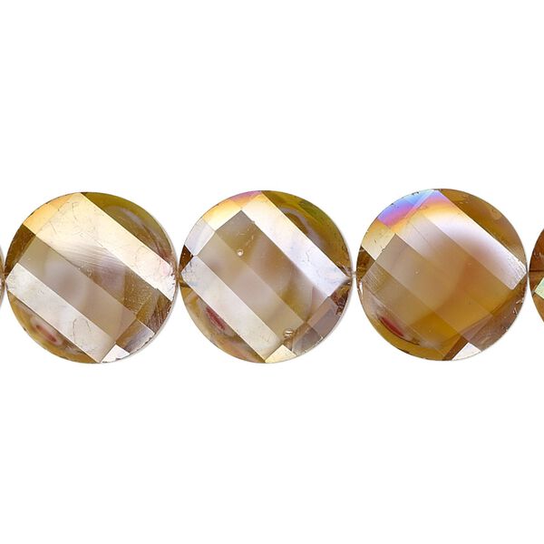 Bead, millefiori glass, marbled amber yellow AB, 14mm faceted wavy flat round. Sold per 8-inch strand, approximately 15 beads. image number 0