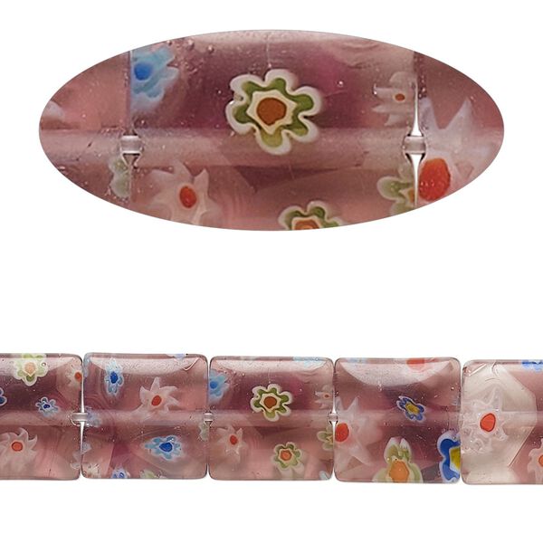 Bead, millefiori glass, translucent pink and multicolored, 9mm-11x10mm puffed square. Sold per 14-inch strand. image number 0
