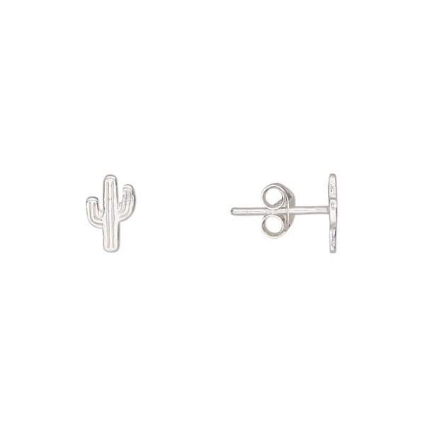 Earstud, Create Compliments®, sterling silver, 8.5x5.5mm cactus. Sold per pair. image number 0