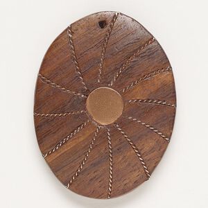 Focal, copper and wood (dyed), pkg/1, 46x33mm-46x35mm top-drilled flat oval with twisted wire inlay, rose gold finish.