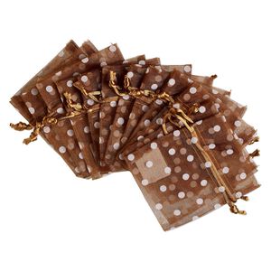 Pouch, flocked organza, copper and white, 4x3 inches with dots pattern and drawstring closure. Sold per pkg of 12.