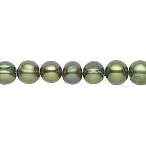 Pearl, cultured freshwater (dyed), green, 6-7mm semi-round with 0.4-0.6mm hole, D grade, Mohs hardness 2-1/2 to 4. Sold per 14-inch strand.