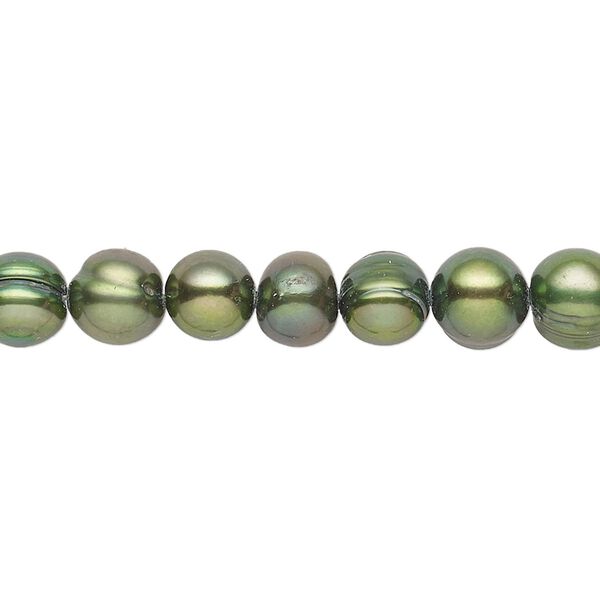 Pearl, cultured freshwater (dyed), green, 6-7mm semi-round with 0.4-0.6mm hole, D grade, Mohs hardness 2-1/2 to 4. Sold per 14-inch strand. image number 0
