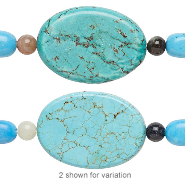 Bead mix, "turquoise" (imitation) resin and multi-gemstone (natural / dyed / heated), blue / light blue / blue-green, 6mm round / small nugget / 35x25mm flat oval. Sold per pkg of 7. image number 0