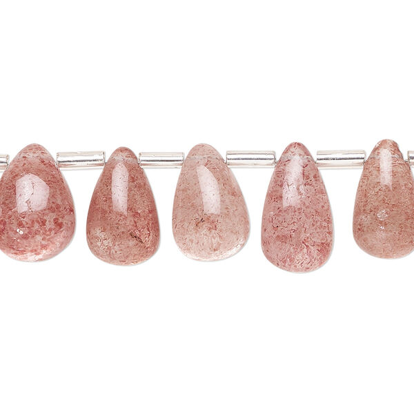 Bead, strawberry quartz (natural), 9x6mm-11x7mm hand-cut graduated teardrop, B grade, Mohs hardness 7. Sold per 8-inch strand, approximately 24 beads. image number 0