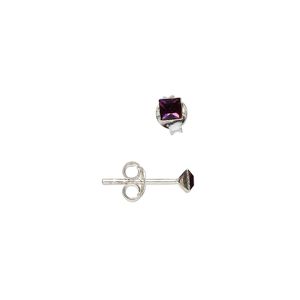 Earring 1pkg2 sterling silver, 3mm square earstud / earnuts, glass amethyst purple 1 pair