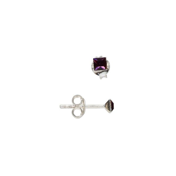 Earring 1pkg2 sterling silver, 3mm square earstud / earnuts, glass amethyst purple 1 pair image number 0