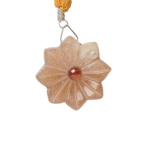 Peach moonstone / garnet 1pkg1, top-drilled hand-cut 1sided carved flower bead natural, 22mm