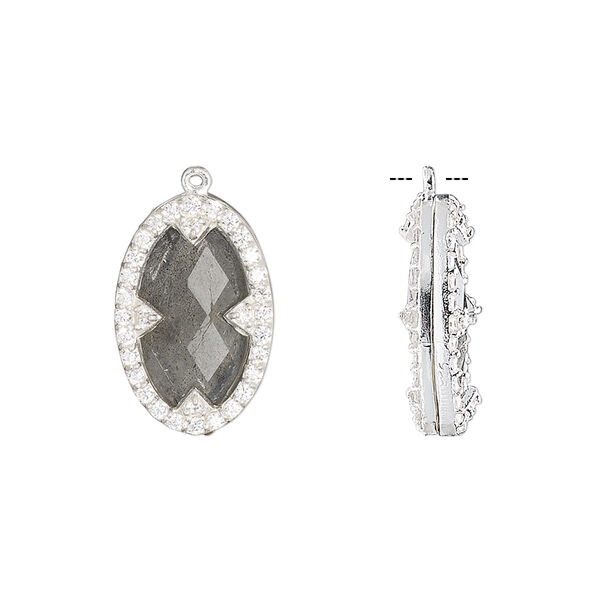 Drop, labradorite (natural) / cubic zirconia / sterling silver, clear, 18x12mm double-sided faceted oval. Sold individually. image number 0