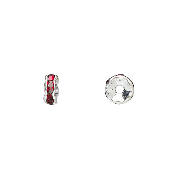 Bead, glass rhinestone and silver-plated brass, garnet red, 6x3mm rondelle. Sold per pkg of 10. image number 0