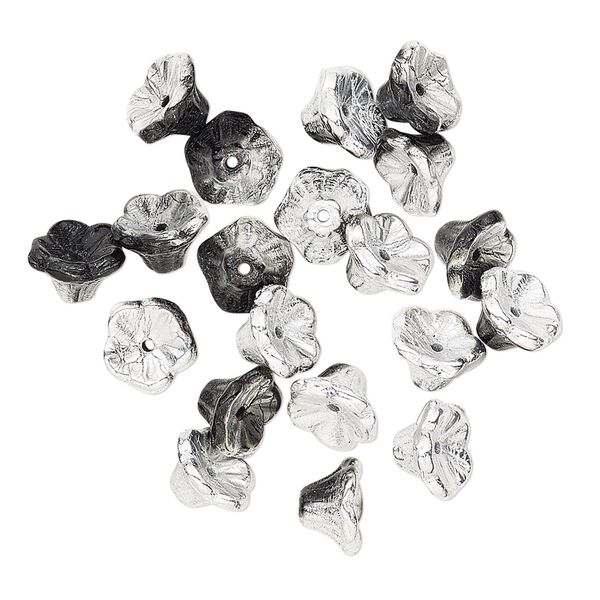 Bead, Preciosa, Czech pressed glass, opaque jet half-coated silver, 7x4.5mm flower. Sold per pkg of 20. image number 0