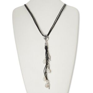 Necklace, 3-strand, leather (dyed) / agate (natural) / antiqued silver-finished "pewter" (zinc-based alloy), black, 7-inch dangle, 30 inches with 2-inch extender chain and lobster claw clasp. Sold individually.