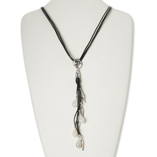 Necklace, 3-strand, leather (dyed) / agate (natural) / antiqued silver-finished "pewter" (zinc-based alloy), black, 7-inch dangle, 30 inches with 2-inch extender chain and lobster claw clasp. Sold individually. image number 0
