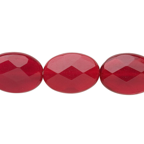Bead, glass, red, 18x13mm faceted flat oval. Sold per 15-1/2" to 16" strand. image number 0