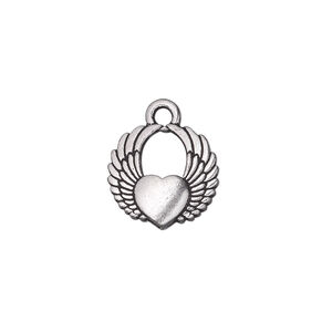 Charm, TierraCast®, antique silver-plated pewter (tin-based alloy), 15x14mm double-sided winged heart. Sold per pkg of 20.