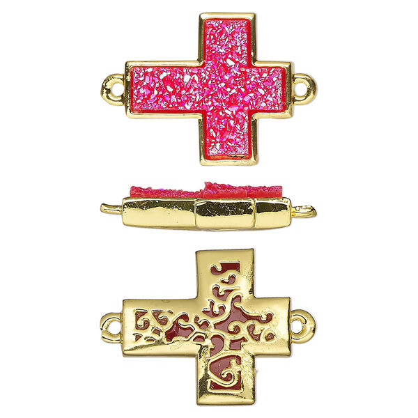 Link, Druzylite™, "druzy" (resin) and gold-finished brass, hot pink, 18x16mm two-sided cross with open filigree back. Sold per pkg of 4. image number 0