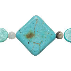 Bead mix, "turquoise" (imitation) resin and multi-gemstone (natural), blue-green and blue, 6mm round / 12mm flat round / 32x32mm puffed diamond. Sold per pkg of 7.