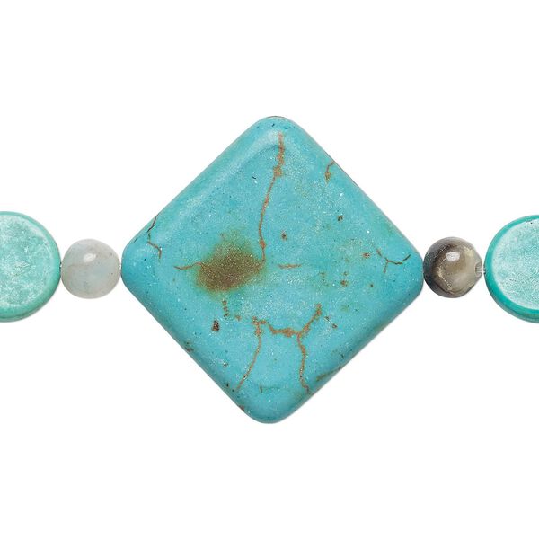 Bead mix, "turquoise" (imitation) resin and multi-gemstone (natural), blue-green and blue, 6mm round / 12mm flat round / 32x32mm puffed diamond. Sold per pkg of 7. image number 0