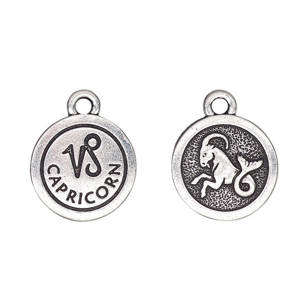 Charm, TierraCast®, antique silver-plated pewter (tin-based alloy), 15mm two-sided flat round with Capricorn zodiac sign and symbol. Sold per pkg of 20. image number 0