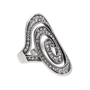 Ring, glass rhinestone and antique silver-plated "pewter" (zinc-based alloy), clear, 33x20mm oval, size 8. Sold individually.