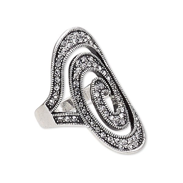 Ring, glass rhinestone and antique silver-plated "pewter" (zinc-based alloy), clear, 33x20mm oval, size 8. Sold individually. image number 0