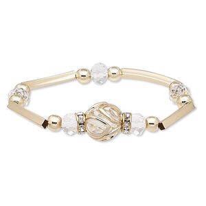 Bracelet, stretch, glass / glass rhinestone / gold-coated plastic / gold-finished steel / "pewter" (zinc-based alloy), clear, 15mm wide with round, 6-1/2 inches. Sold individually.