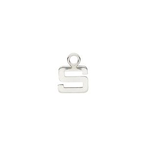 Charm, sterling silver, 9x8mm single-sided modern square alphabet letter S. Sold individually.
