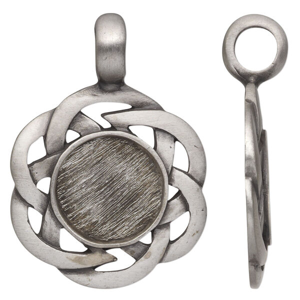 Pendant, antiqued pewter (tin-based alloy), 45x32mm round with Celtic knot design and 17mm round setting. Sold individually. image number 0